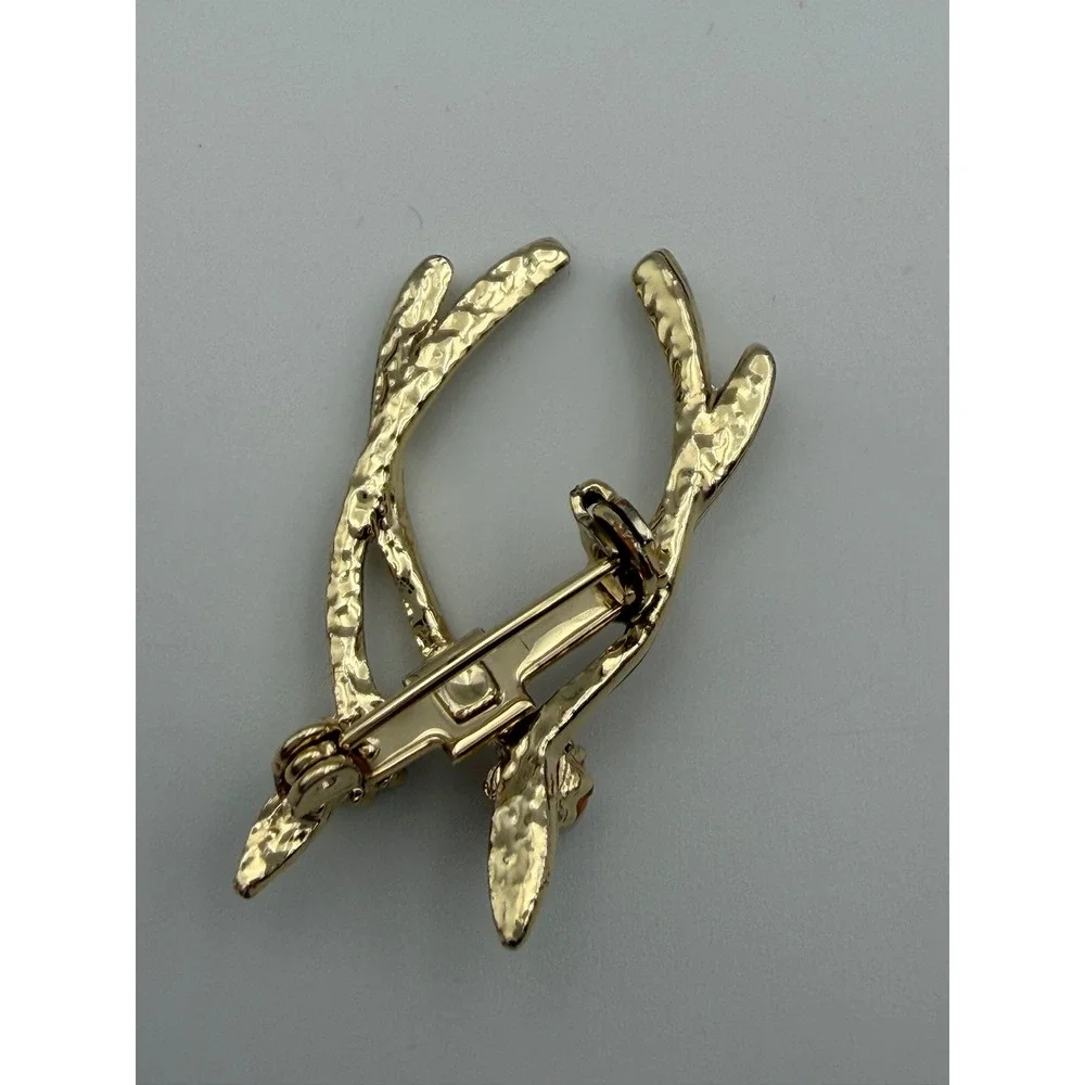 Vintage Gold Tone Double Wishbone Brooch Faux Pearl Green Rhinestone Pin